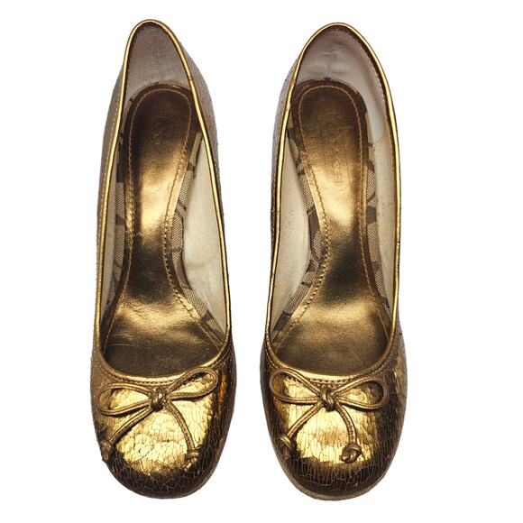 Coach Shoes Womens 6.5 Gold Metallic Crackled Bow Tie Wedge Espadrille Heels Y2k - Picture 5 of 13